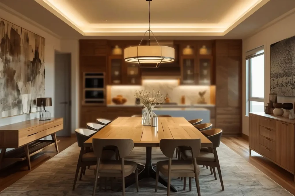 A luxurious, modern dining room featuring a long light-wood table, comfortable upholstered chairs, and a large circular statement chandelier, all bathed in warm ambient lighting.