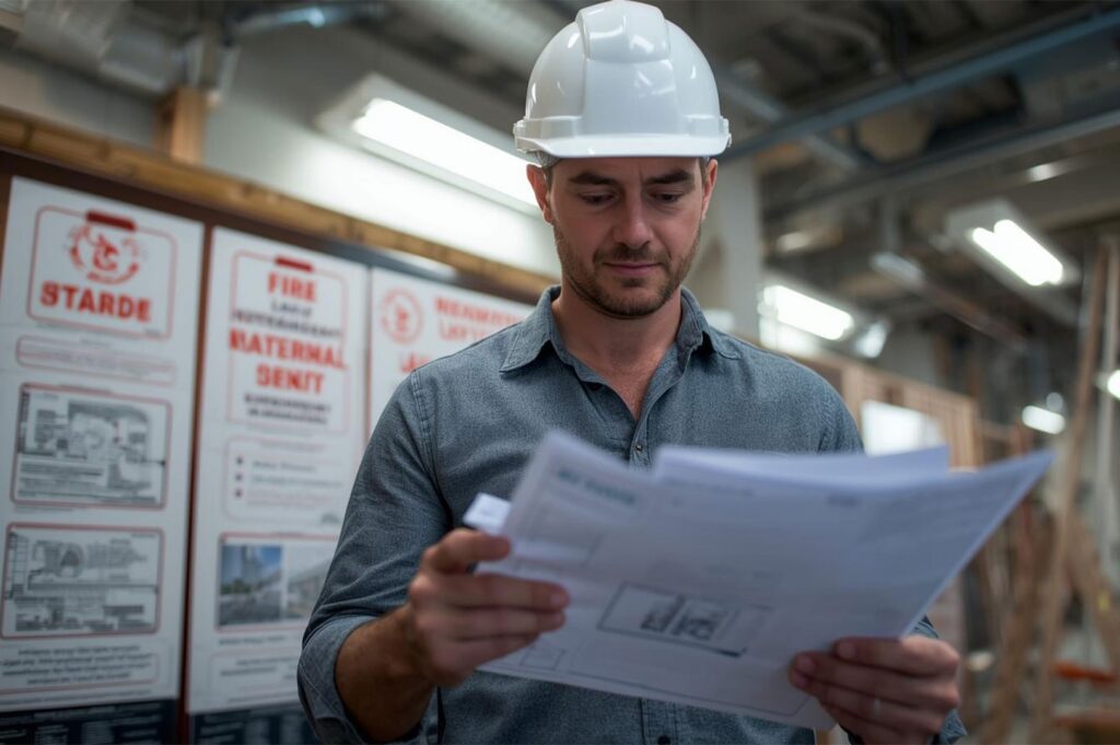 A construction site manager wearing a white hard hat closely inspecting a set of project documents with safety signage visible in the background.