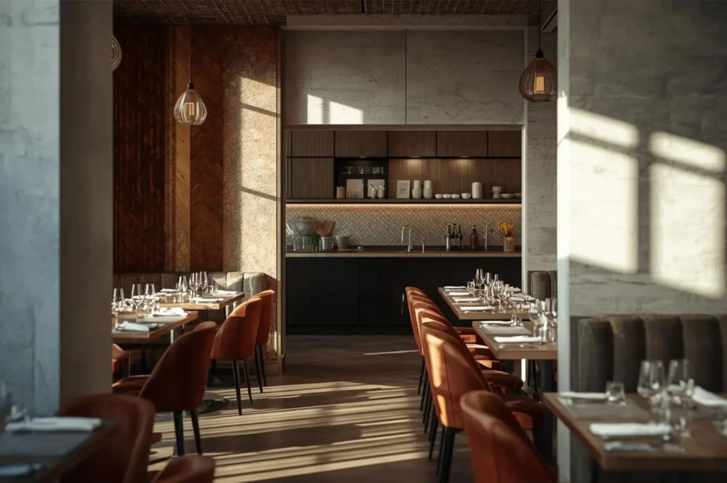 A sun-drenched restaurant interior featuring set tables with wine glasses, rust-colored upholstered chairs, and long shadows cast across the floor, with a modern open kitchen visible in the background.