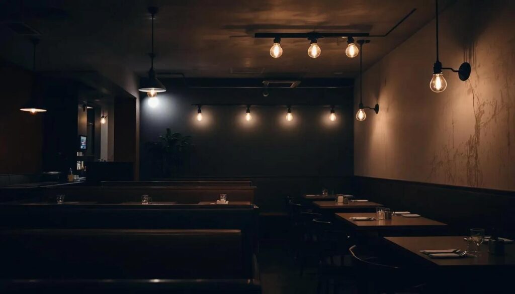 The image depicts a restaurant interior characterized by poor lighting and noticeable acoustic design issues, creating an uncomfortable atmosphere for diners. The walls and furniture lack the thoughtful design elements that would typically enhance the space, highlighting the importance of effective interior design in creating a welcoming dining experience.