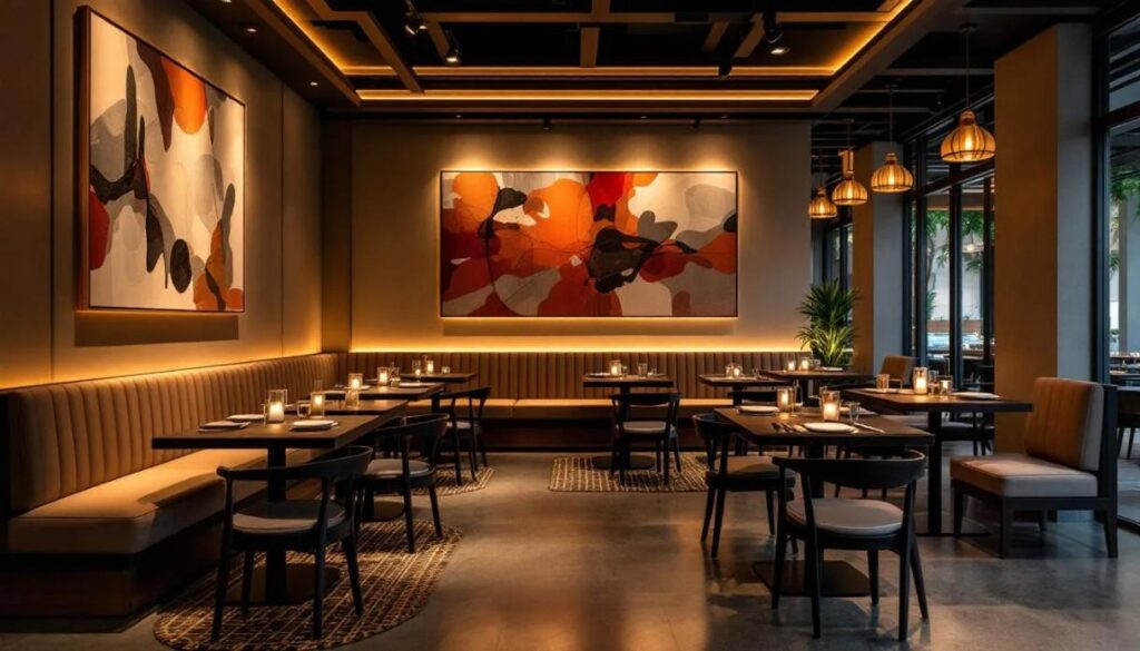 The interior of a modern Singapore restaurant features warm lighting that creates a cozy atmosphere, complemented by contemporary furniture and stylish decor. This inviting space showcases the creativity of interior designers, making it a perfect setting for family gatherings and dining experiences.