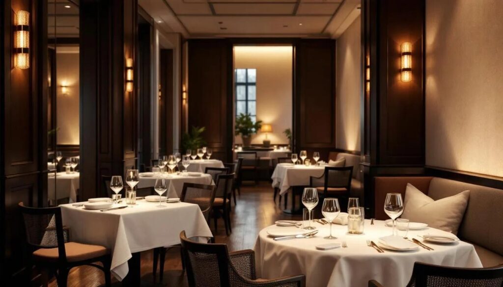 The image depicts a fine dining restaurant interior featuring luxurious materials and intimate lighting, creating an elegant atmosphere for guests. The carefully crafted furniture and decor enhance the overall design, making it a perfect space for a memorable dining experience.