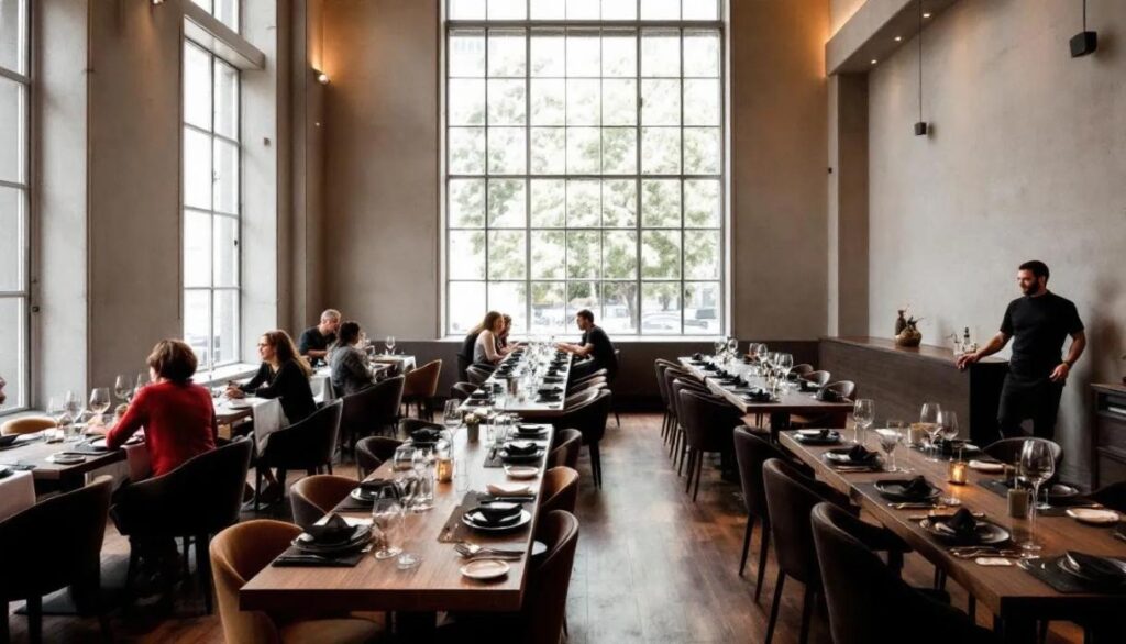 The image depicts a spacious restaurant dining room featuring high ceilings and ample natural lighting, creating an inviting atmosphere. The carefully arranged furniture and thoughtful decor reflect the creativity of interior designers, enhancing the overall dining experience.