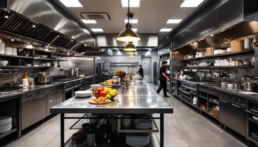 The image depicts a bustling restaurant kitchen designed for efficient workflow, featuring clear pathways that facilitate movement among chefs and staff. The interior showcases a practical layout with well-organized cabinets and workstations, highlighting the importance of thoughtful design in a professional culinary environment.