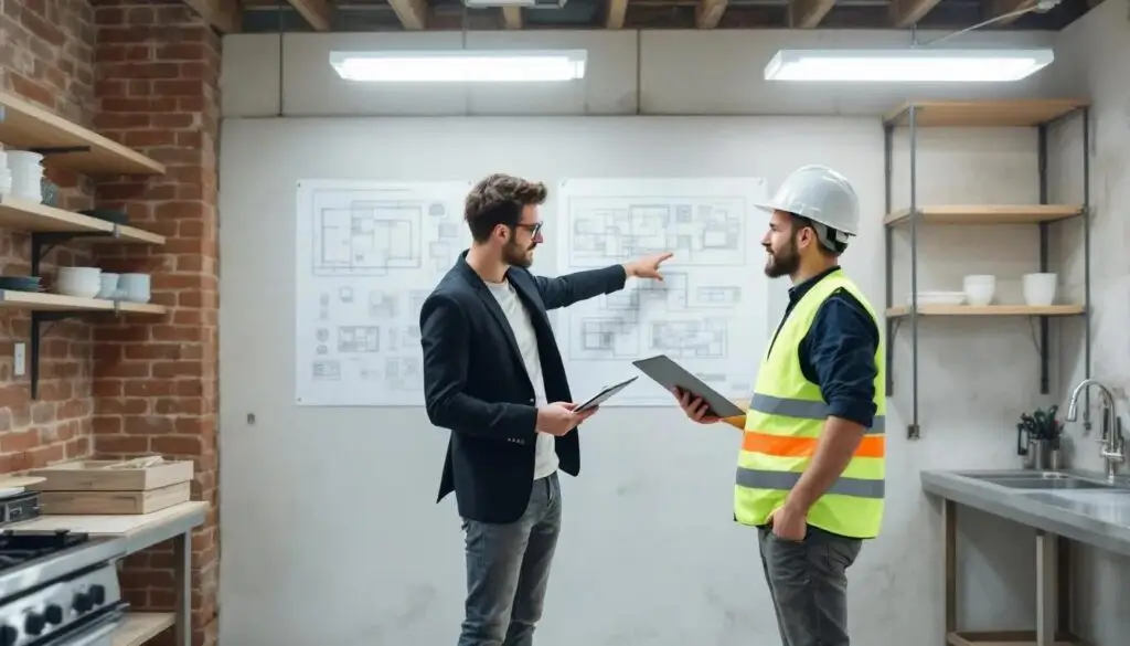 An interior designer and a contractor are collaborating on restaurant renovation plans, discussing ideas and materials to create an inviting space. They are surrounded by design sketches and samples, showcasing their hands-on approach to achieving the perfect balance between functionality and aesthetics in the project.
