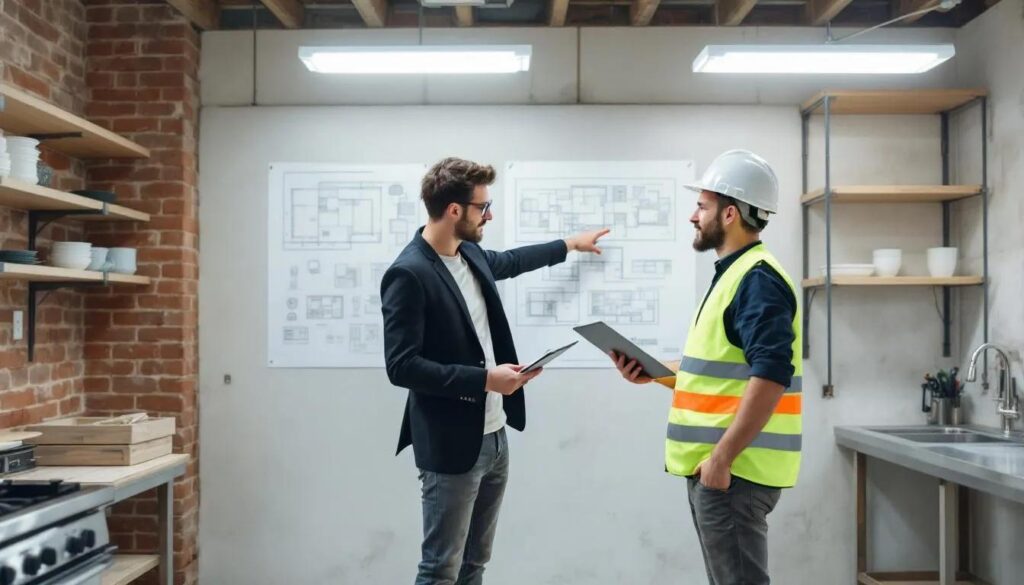 An interior designer and a contractor are collaborating on restaurant renovation plans, discussing ideas and materials to create an inviting space. They are surrounded by design sketches and samples, showcasing their hands-on approach to achieving the perfect balance between functionality and aesthetics in the project.