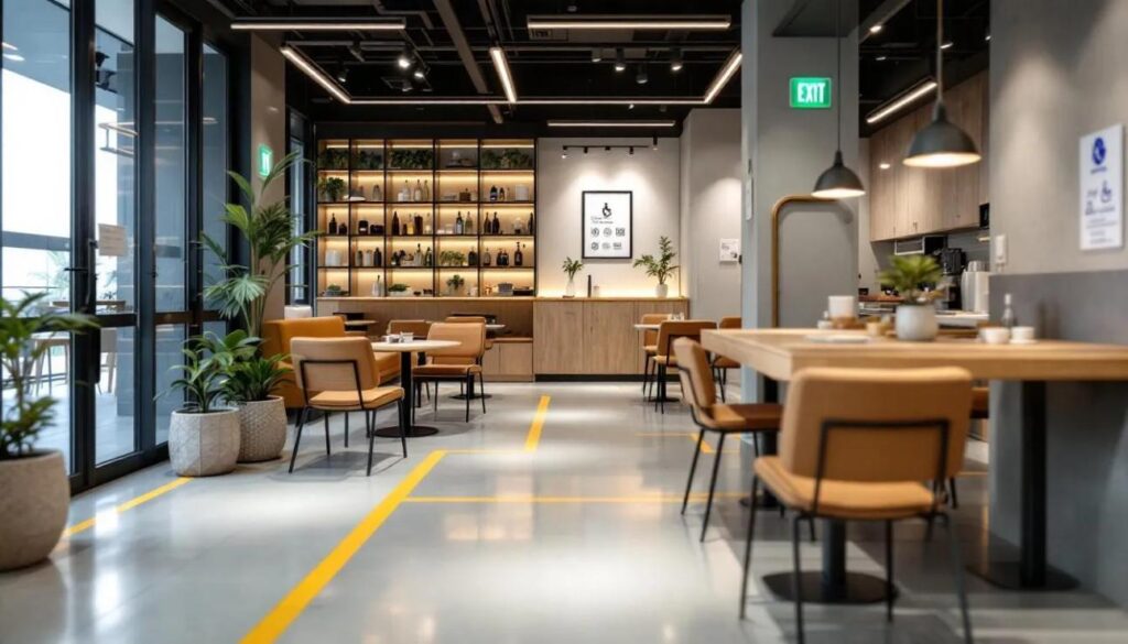 The image depicts a modern restaurant interior designed to comply with Singapore accessibility standards, featuring spacious layouts, accessible furniture, and thoughtful decor that creates an inviting atmosphere for families and individuals. The design showcases a perfect balance of functionality and aesthetics, reflecting the creativity of interior designers in the industry.