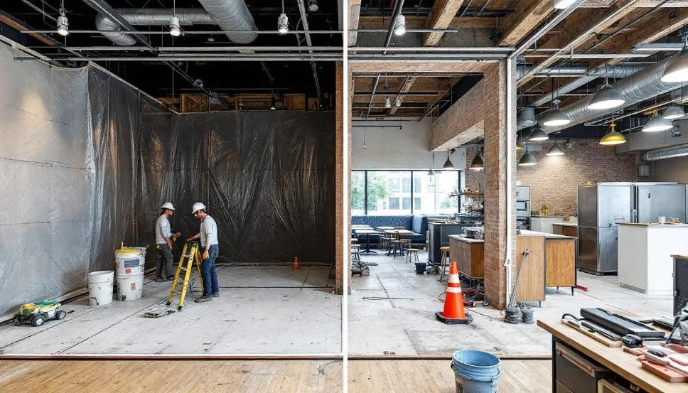 The image depicts a restaurant undergoing renovation, showcasing a phased approach where various sections are being transformed by industry professionals. Elements like new furniture and wall treatments are visible, illustrating the creativity and design concepts being implemented to enhance the space for future patrons.