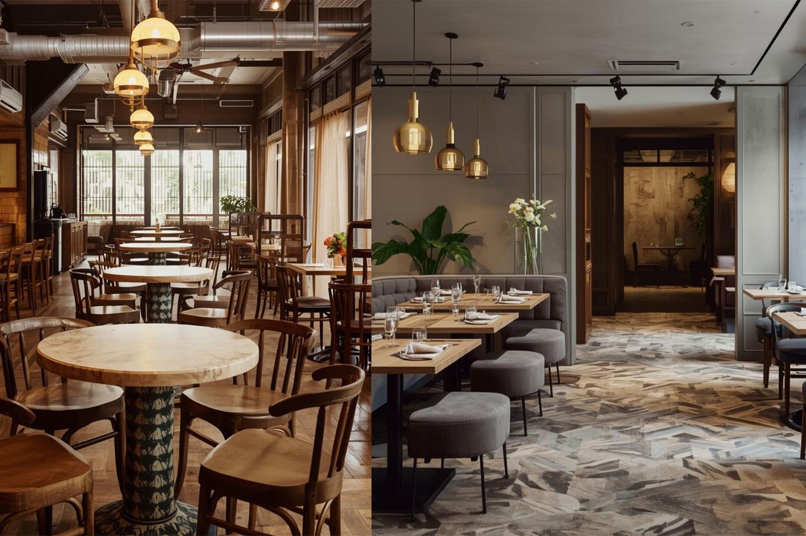 A split-screen comparison of restaurant interior designs: the left shows a warm cafe style with wooden bentwood chairs and retro lighting, while the right displays a modern upscale dining room with grey booths and geometric chevron flooring.
