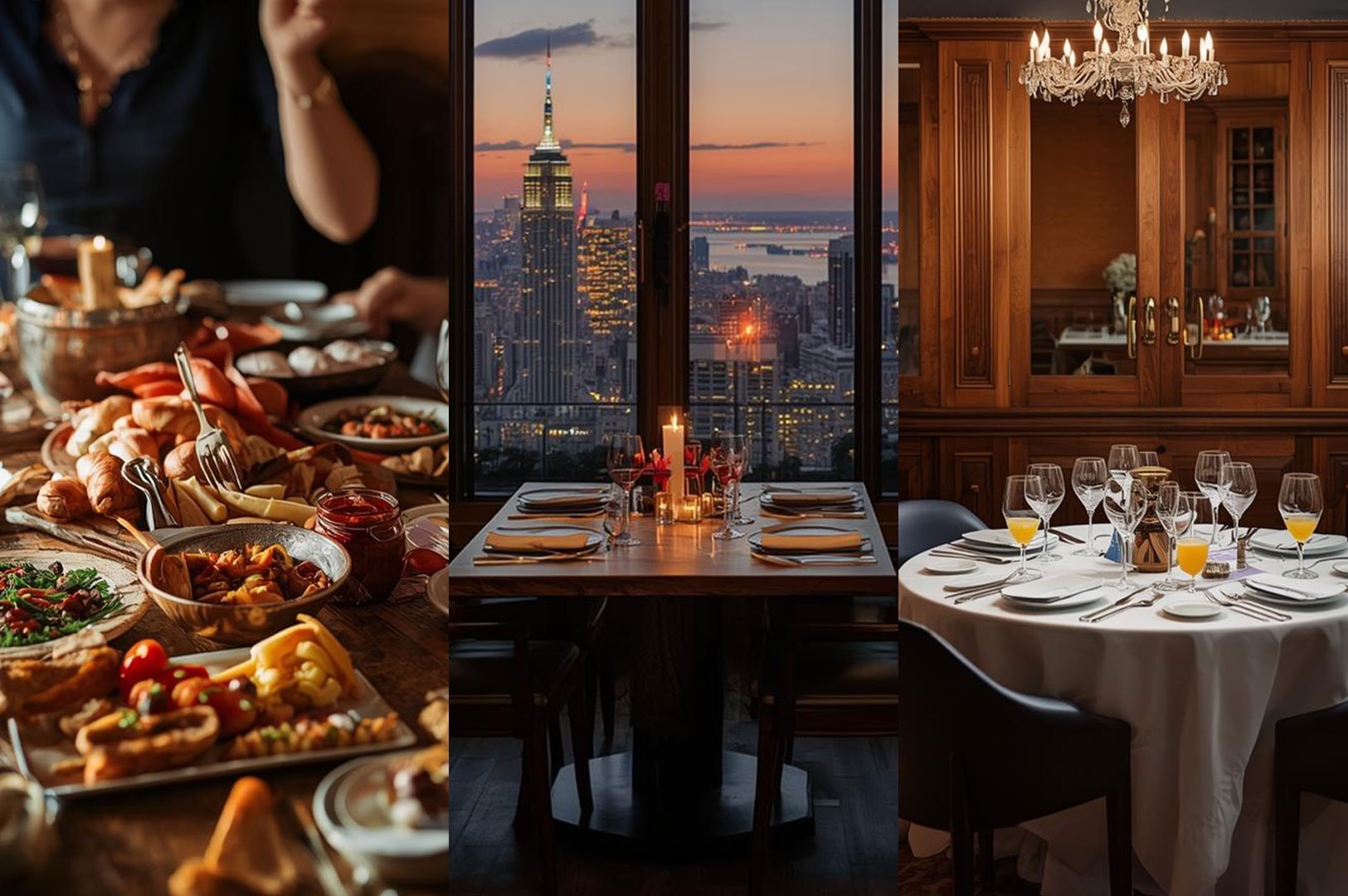 A collage of three luxury dining experiences: a rustic table filled with a brunch spread, a romantic dinner table overlooking the Empire State Building at sunset, and a formal white-tablecloth dining room with a crystal chandelier.