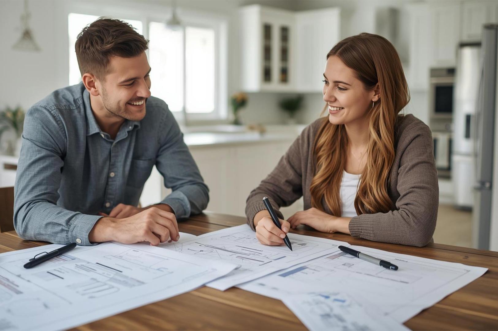 A smiling couple sitting at a wooden table in a bright kitchen, reviewing and discussing architectural blueprints or design plans for a kitchen renovation.