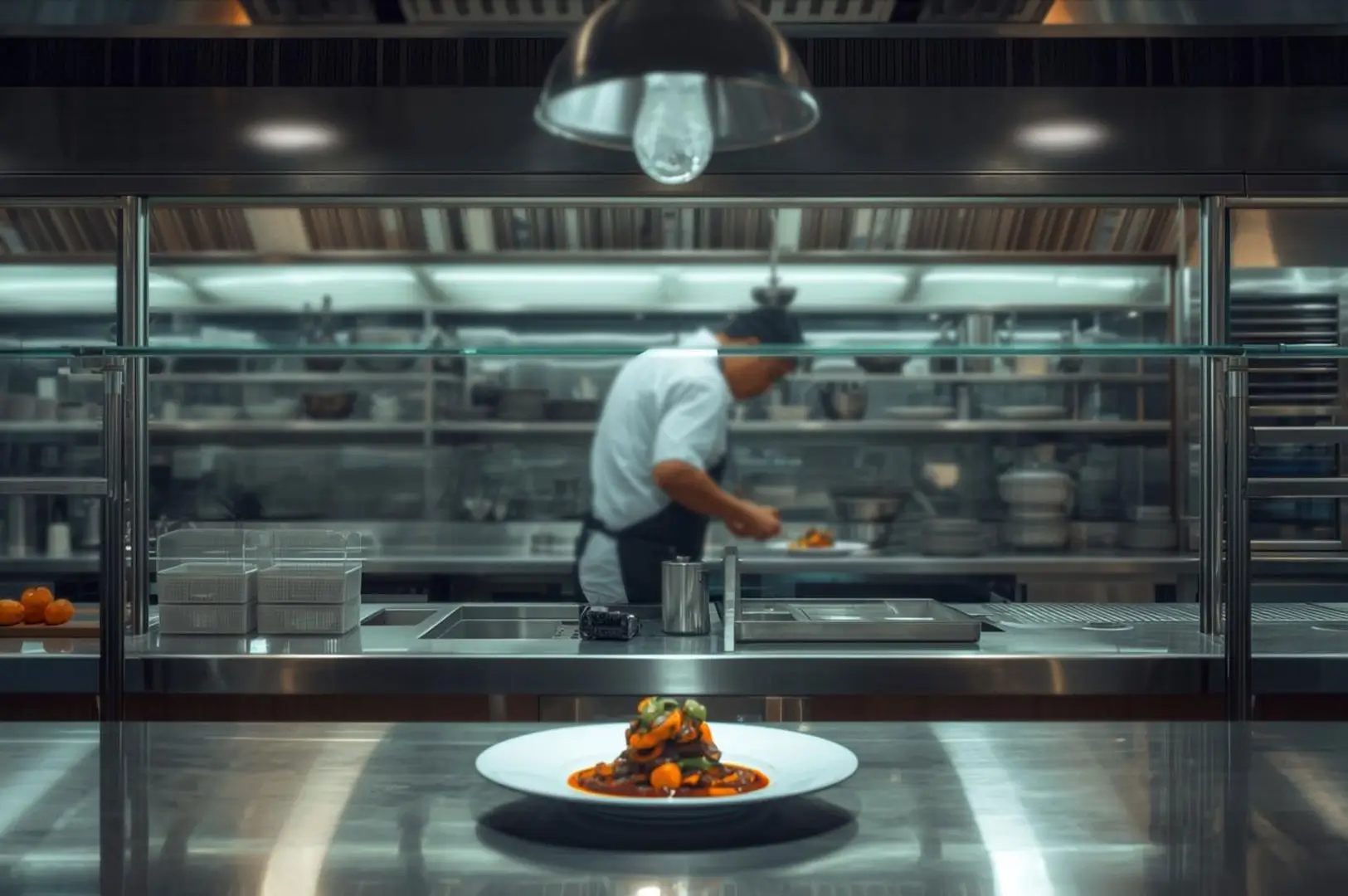 A gourmet dish resting on a stainless steel pass-through counter, with a blurred chef working in the background under warm heat lamps.