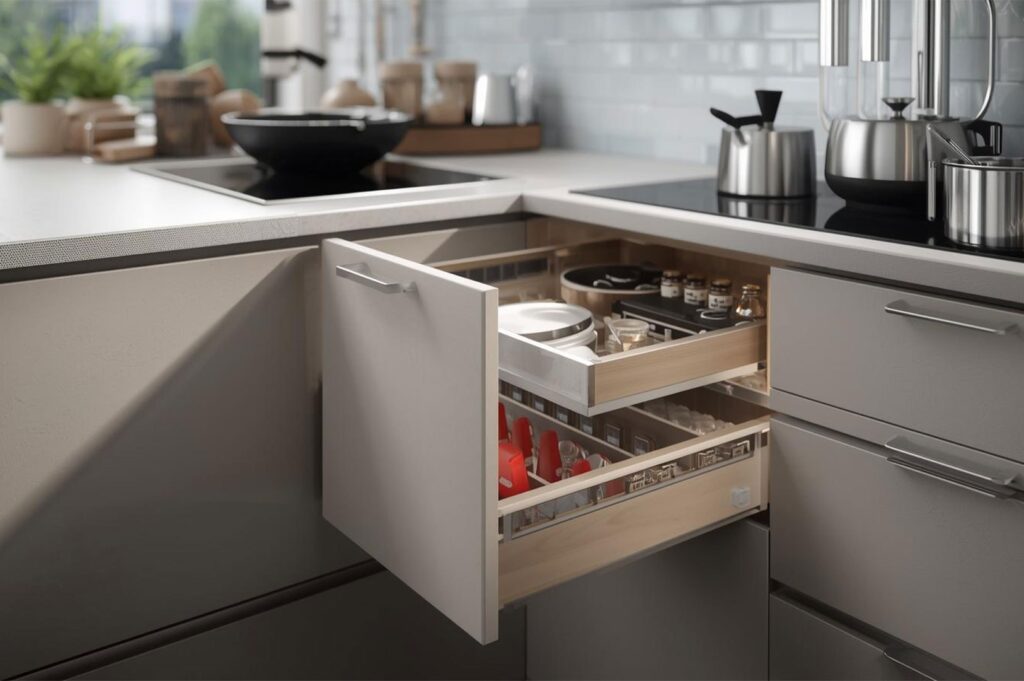 An open corner kitchen drawer revealing organized wooden dividers, spice jars, and cooking accessories next to an induction cooktop.