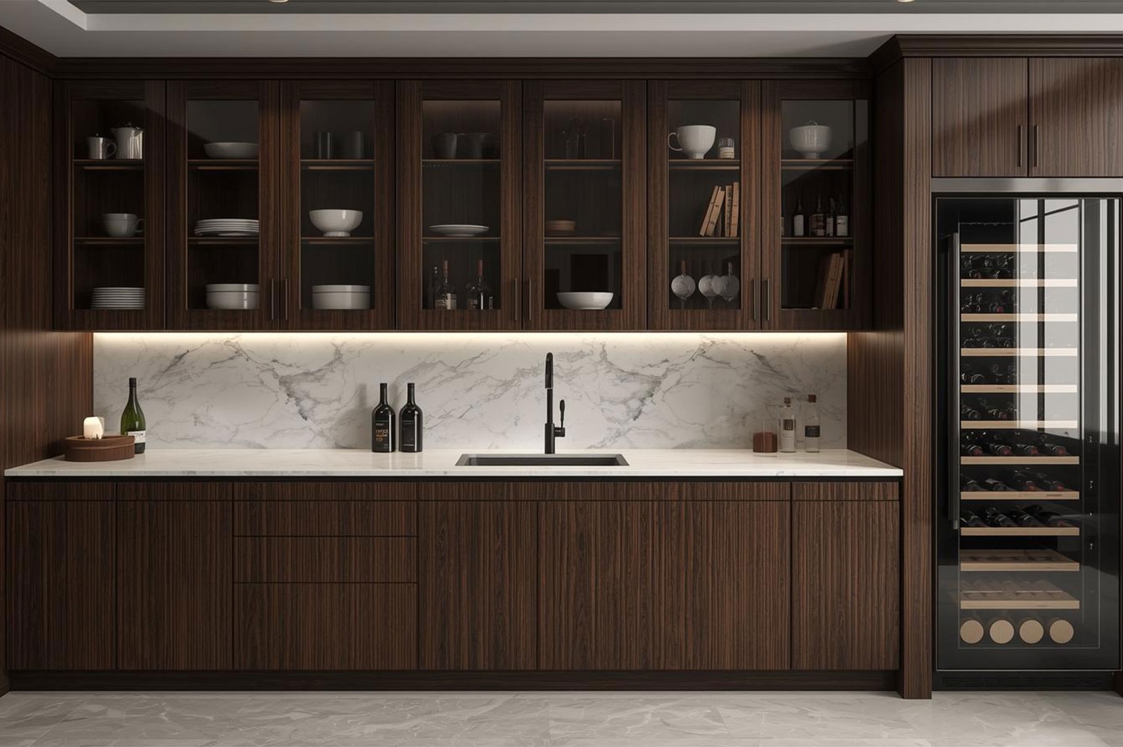 Luxury kitchen with dark wood cabinets, a white marble backsplash, under-cabinet lighting, and a built-in wine refrigerator.
