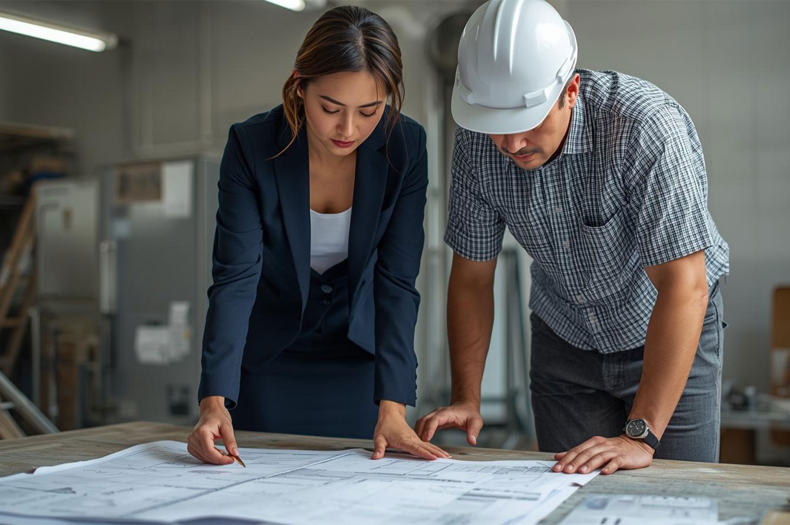 Two professionals, an architect/designer and a contractor in a hard hat, intently reviewing detailed construction blueprints together.