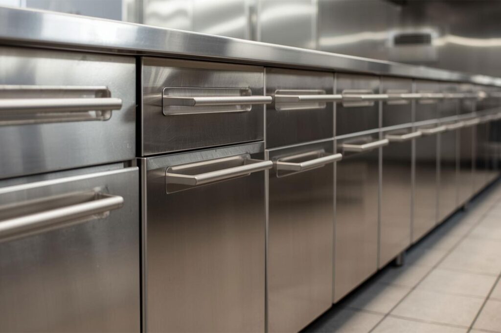 Close-up perspective of heavy-duty stainless steel drawer handles and cabinetry in a commercial kitchen environment.