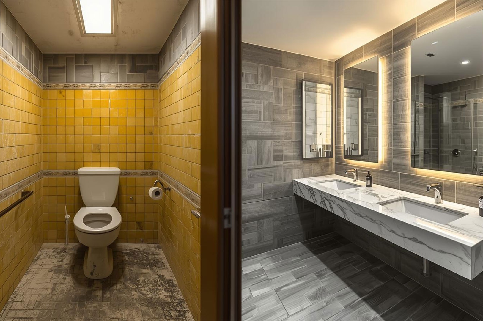 A side-by-side comparison showing a bathroom renovation; the left shows dated yellow tiles, while the right displays a modern design with grey tiling, a floating marble vanity, and backlit mirrors.