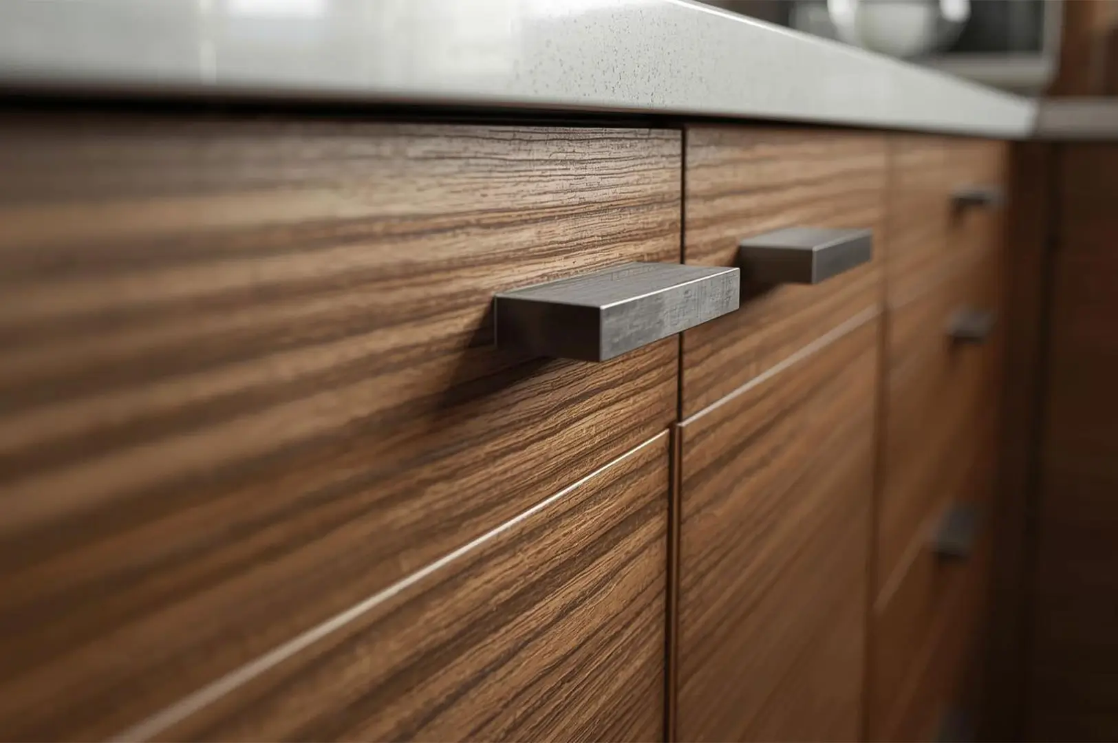 Close-up of rich wooden kitchen cabinets with visible grain and sleek, horizontal brushed-metal drawer pulls.