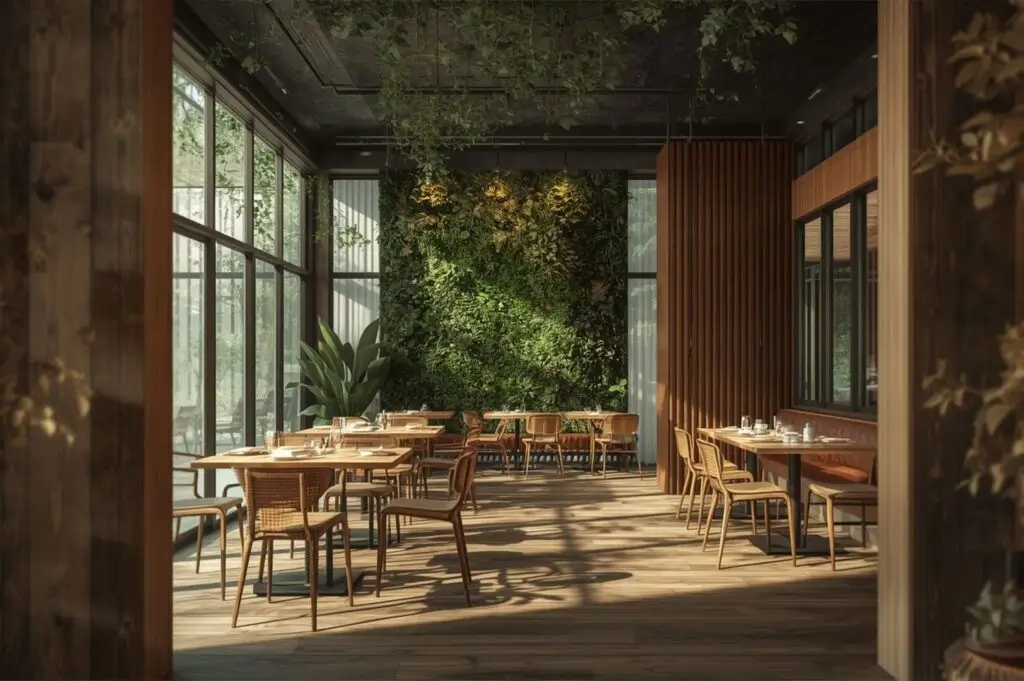 A bright restaurant interior showcasing biophilic design with a large living green wall, floor-to-ceiling windows, and natural wooden furniture.