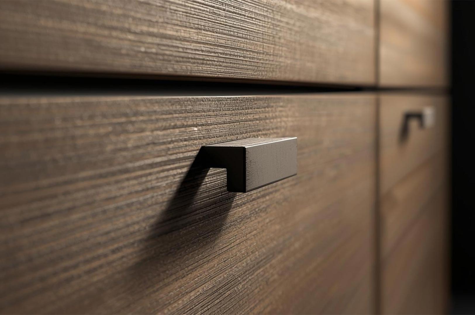 Close-up of a dark, textured wood kitchen cabinet or drawer with a modern, dark metallic, L-shaped finger pull handle.
