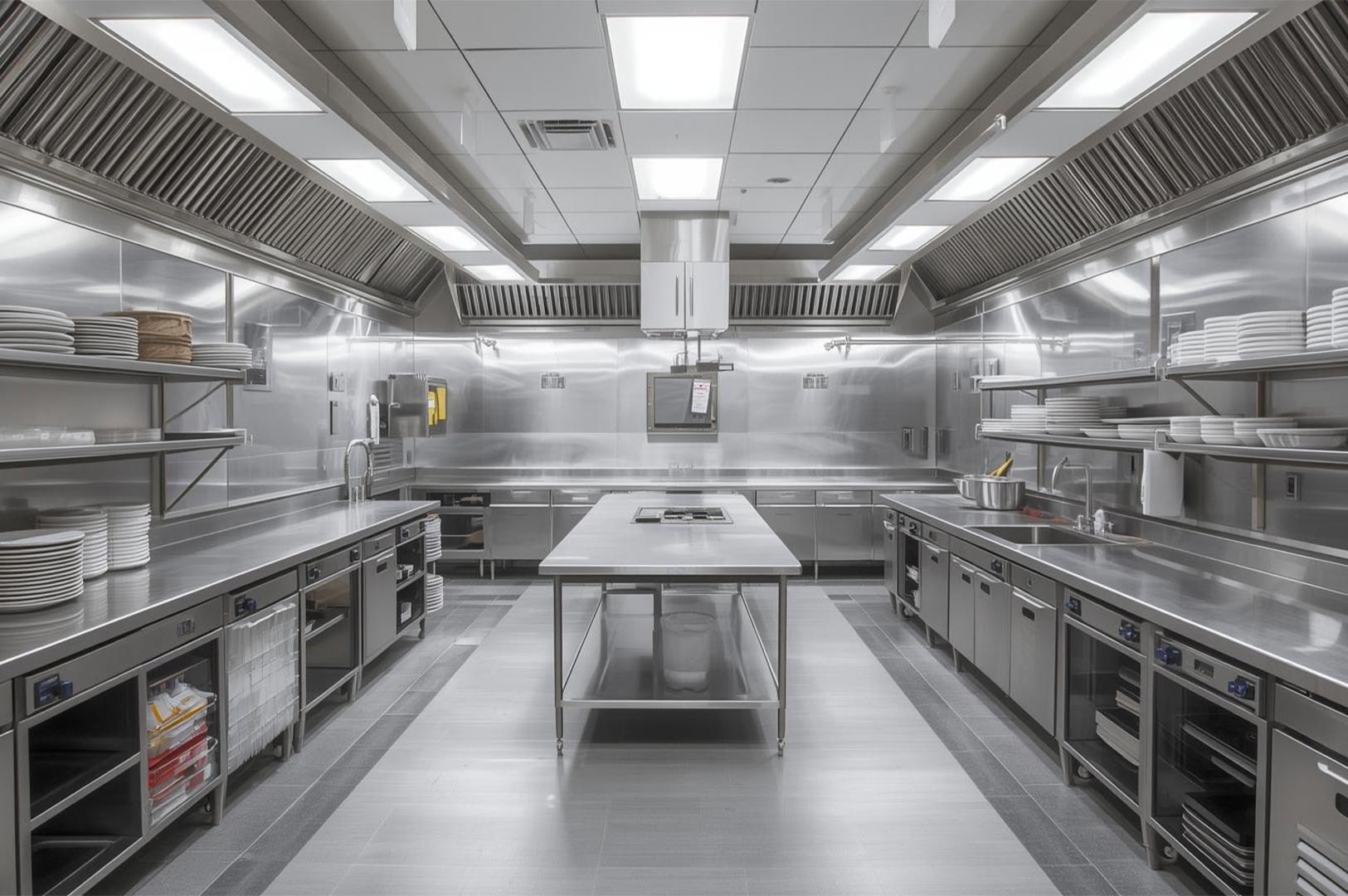 Wide shot of a clean, brightly lit commercial kitchen with stainless steel walls, cabinets, counters, and a central island prep table.