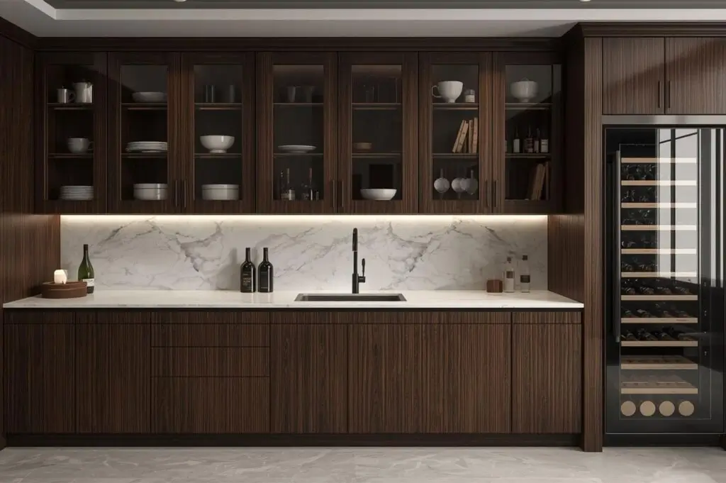 Sleek modern kitchen with dark wood cabinets, glass doors, marble backsplash, and built-in wine fridge. Warm ambient lighting creates a cozy atmosphere.