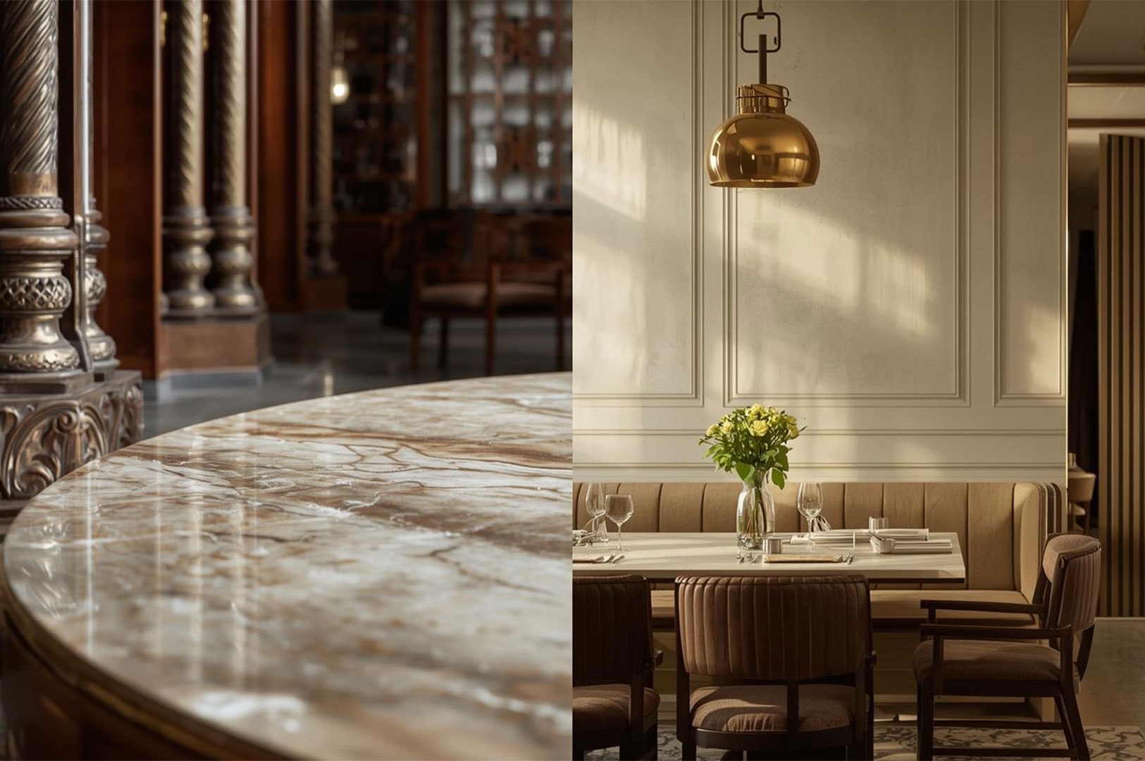 A split-view composition showing luxury interior details: a polished brown marble surface with ornate columns on the left, and an elegant dining table with beige seating and a gold pendant light on the right.
