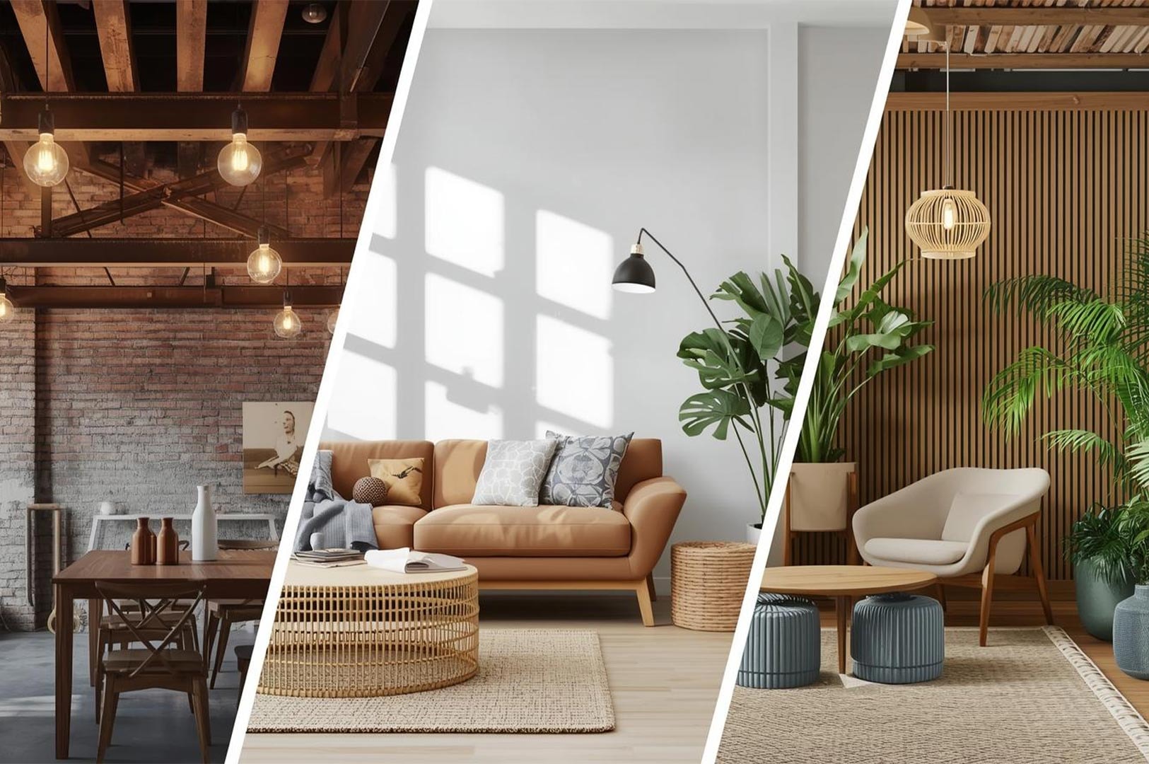 A collage comparing three interior design styles: an industrial dining room with exposed brick, a minimalist modern living room, and a tropical lounge with wood paneling.