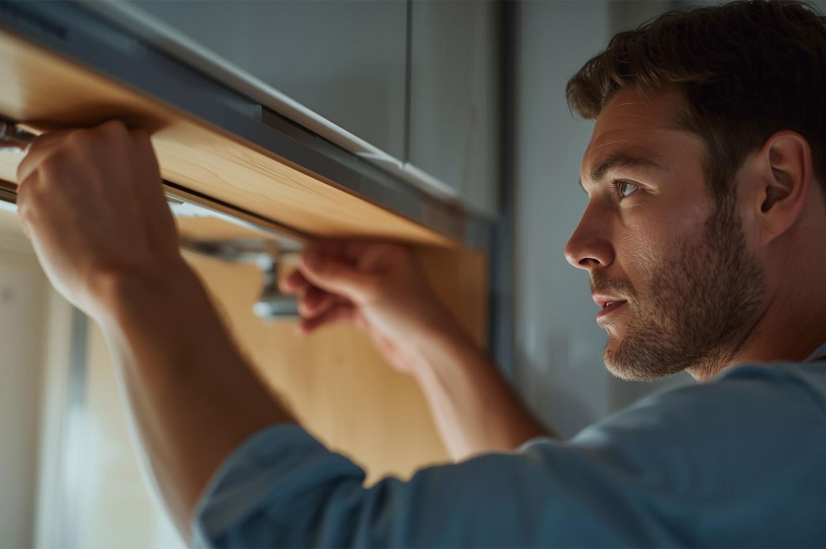 Close-up side profile of a professional carpenter adjusting the hinges on a wooden overhead cabinet during a kitchen installation.