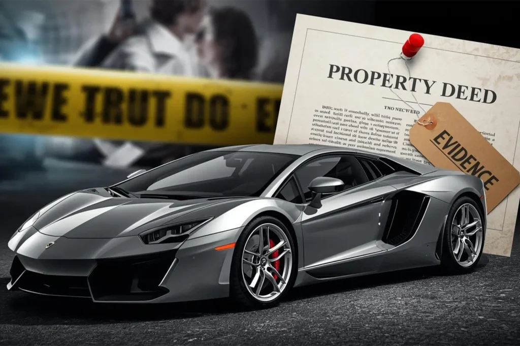 A sleek silver sports car is in the foreground with a blurred crime scene in the background. A property deed labeled "evidence" is pinned above.