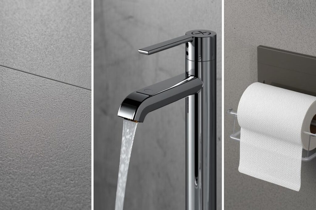 Close-up details of modern bathroom fixtures, including a sleek chrome faucet with running water, grey textured tiles, and a minimalist toilet paper holder.