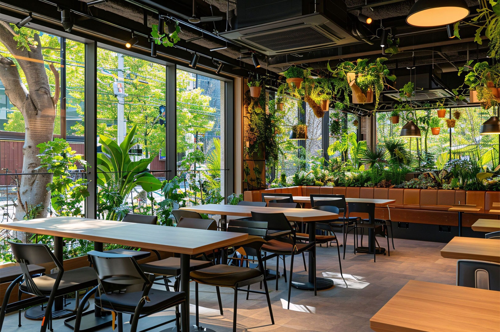 A bright and airy restaurant dining area featuring biophilic design elements, including abundant hanging plants, floor-to-ceiling windows, and natural wooden furniture.