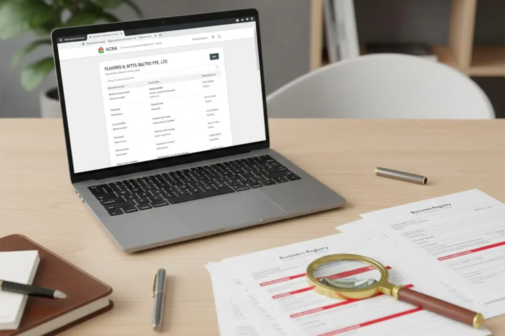 A laptop displaying a business registry website sits on a desk with papers labeled "Business Registry" and a magnifying glass, suggesting research and analysis.