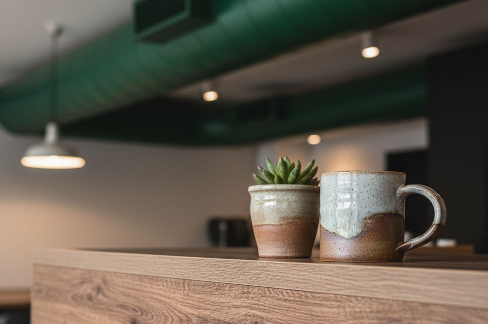 Close-up of handcrafted ceramic mugs and a succulent plant on a wooden counter, set against a blurred background of a coffee shop with green industrial ceiling ducts and warm pendant lighting.