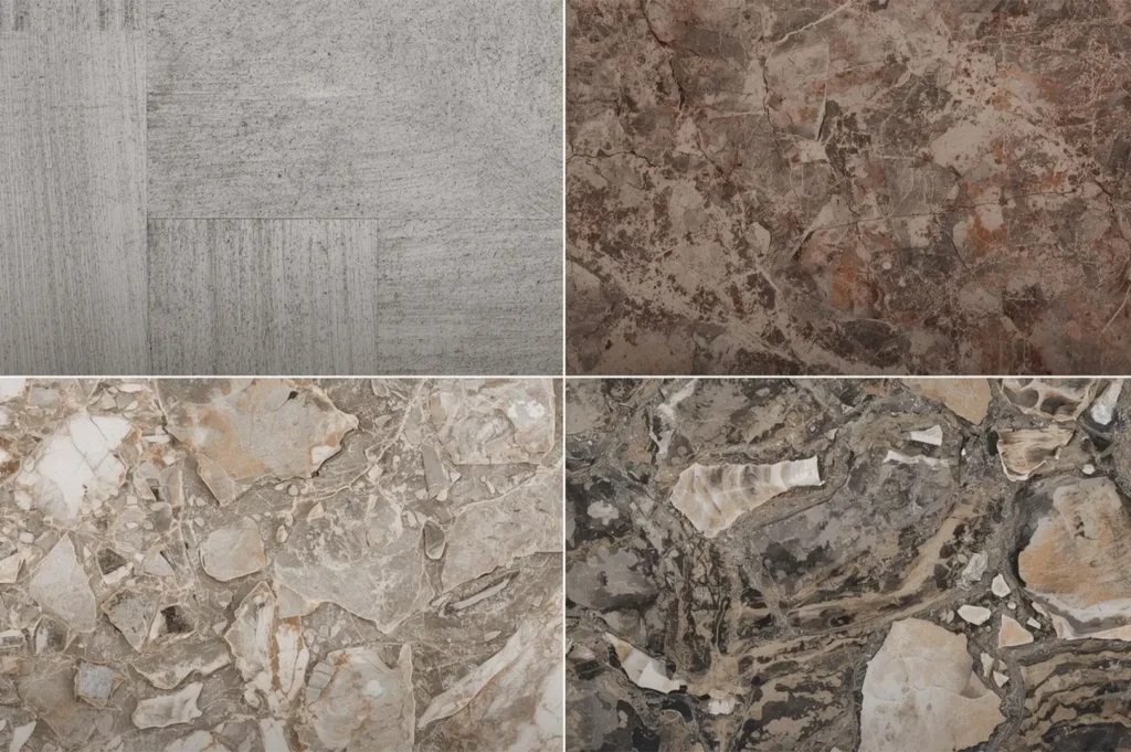 A texture collage showing four different surface materials including grey limestone, brown veined marble, and varying aggregate terrazzo patterns.