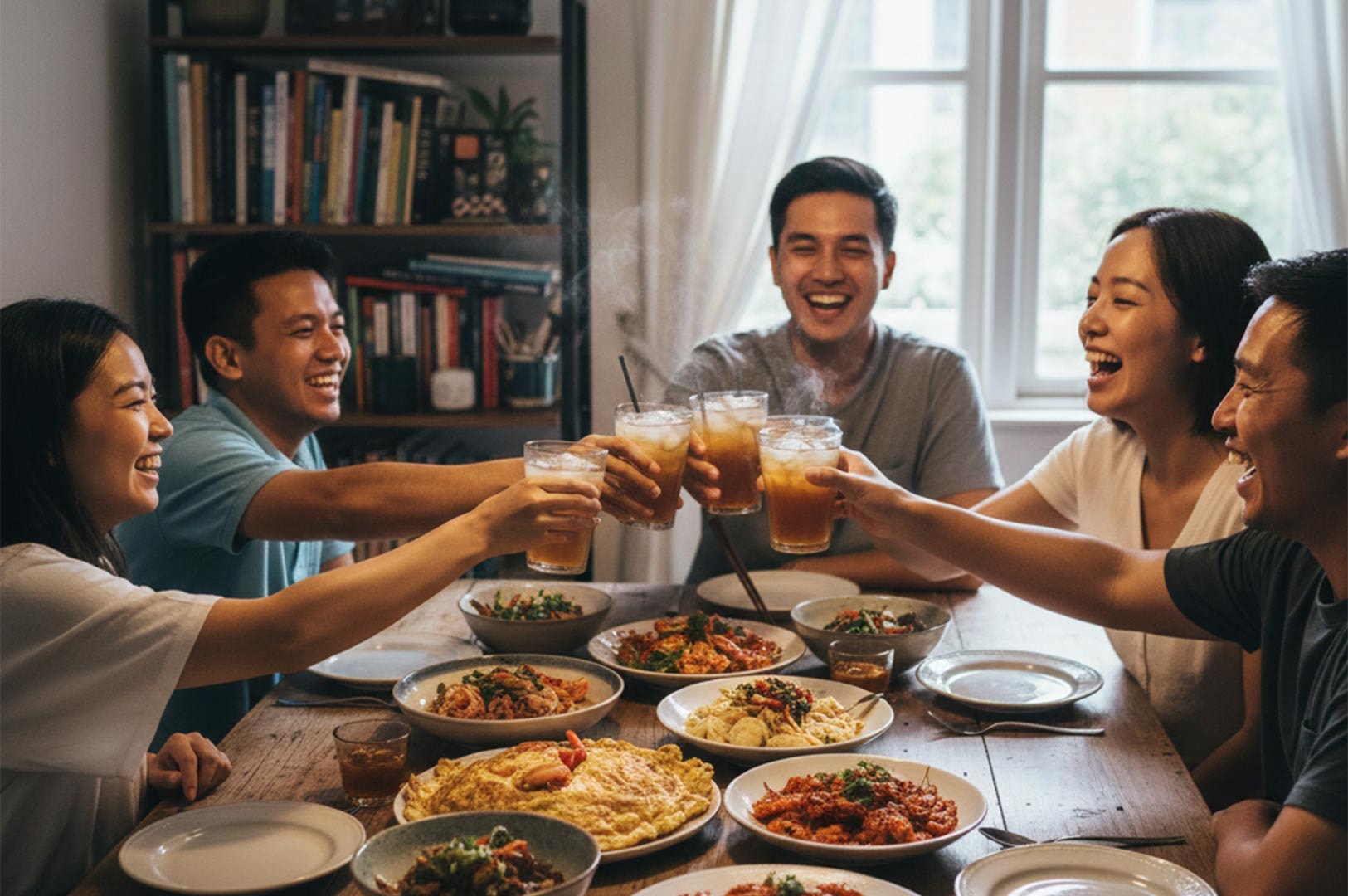A group of smiling friends raising their glasses for a toast during a casual lunch featuring various shared Asian dishes on a wooden table.