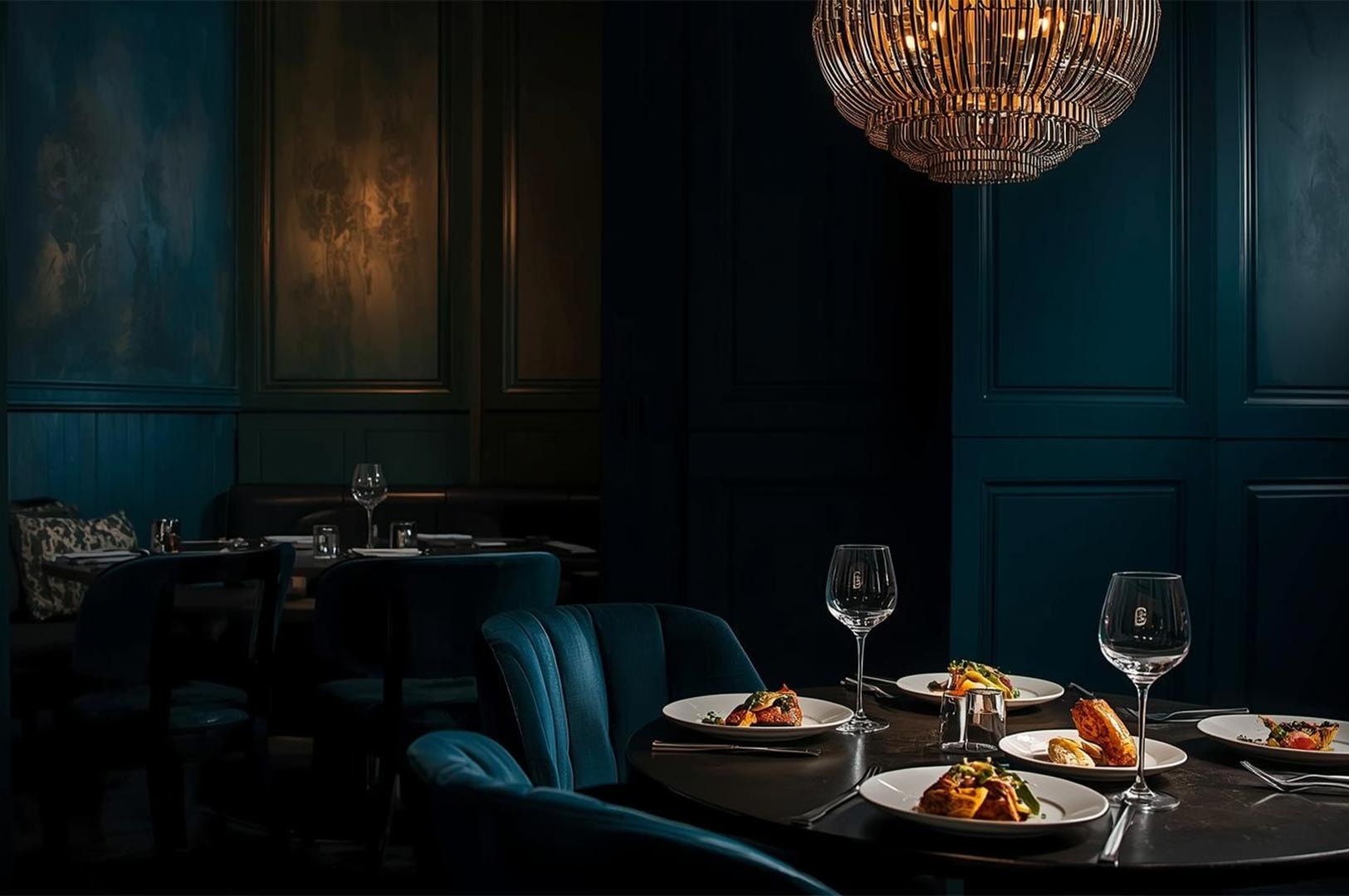 A moody, luxurious fine dining setting featuring teal velvet chairs, a crystal chandelier, and plated food on a round table.