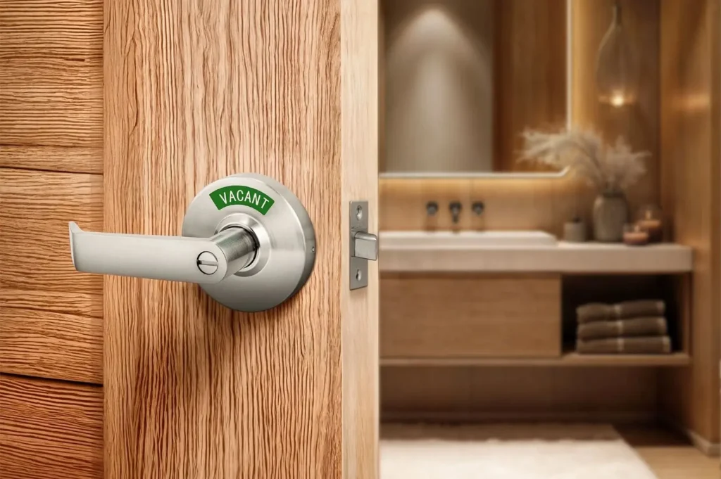 Close-up of a brushed metal door lever featuring a green 'Vacant' privacy indicator installed on a textured wooden bathroom door.