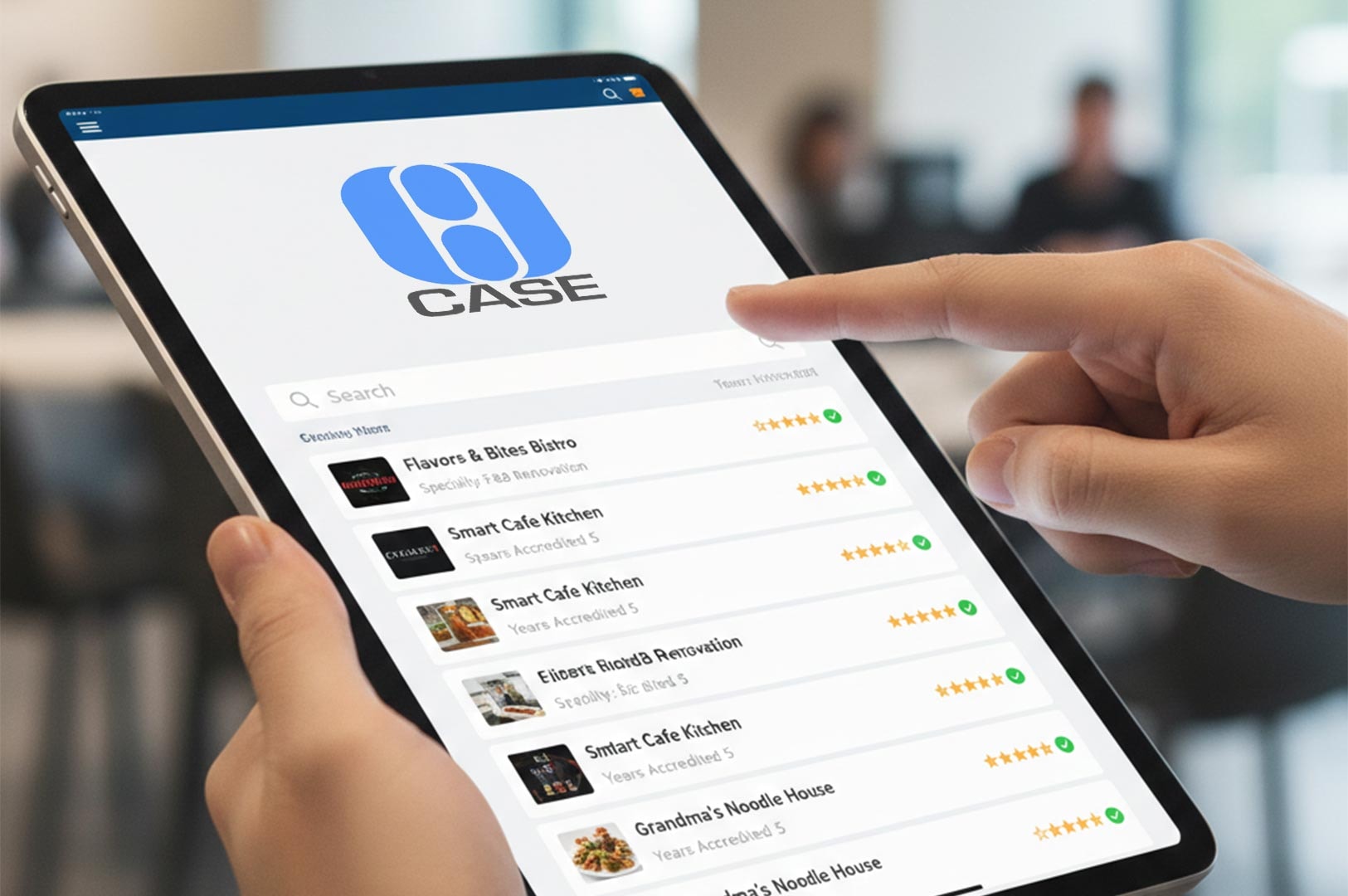 A user browsing the CASE accreditation mobile app on a tablet, viewing a list of verified businesses and restaurants with high star ratings.