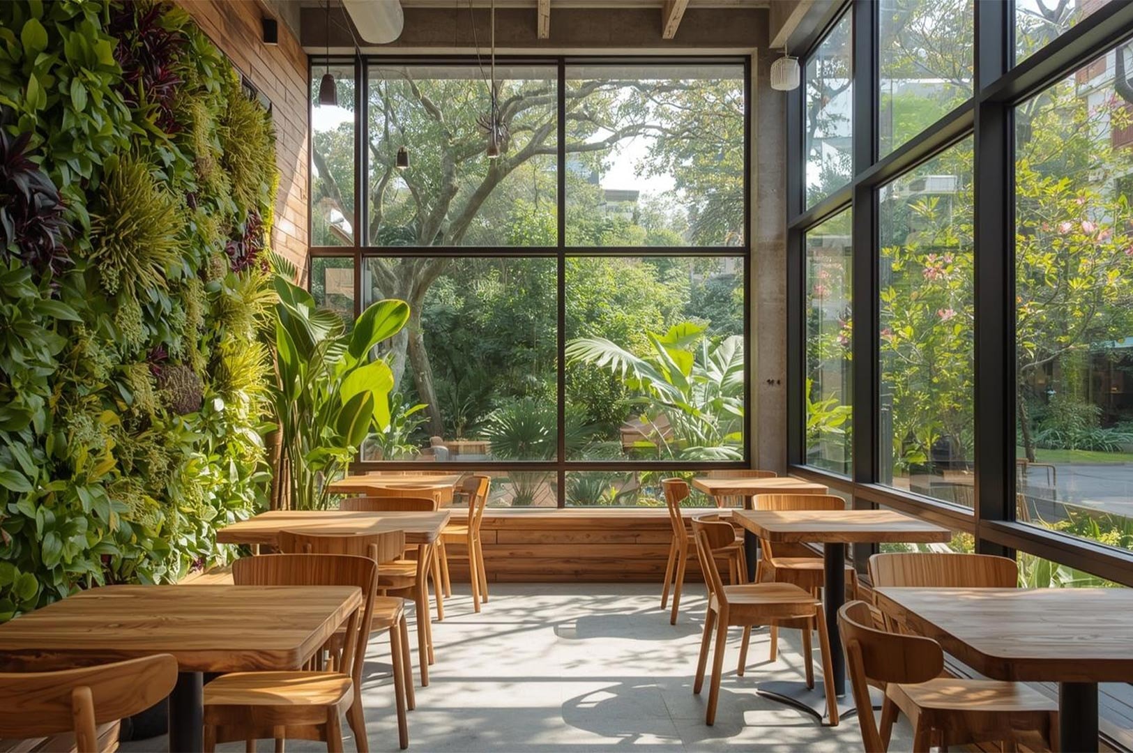 A bright, airy restaurant interior featuring biophilic design with a large vertical garden living wall, floor-to-ceiling windows, and natural wooden furniture.