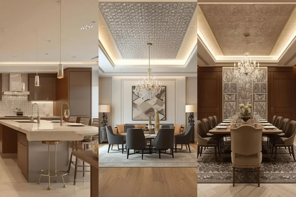 A three-panel interior design collage featuring a modern kitchen with a marble island, an elegant living room with a tray ceiling, and a formal dining room with wood paneling.