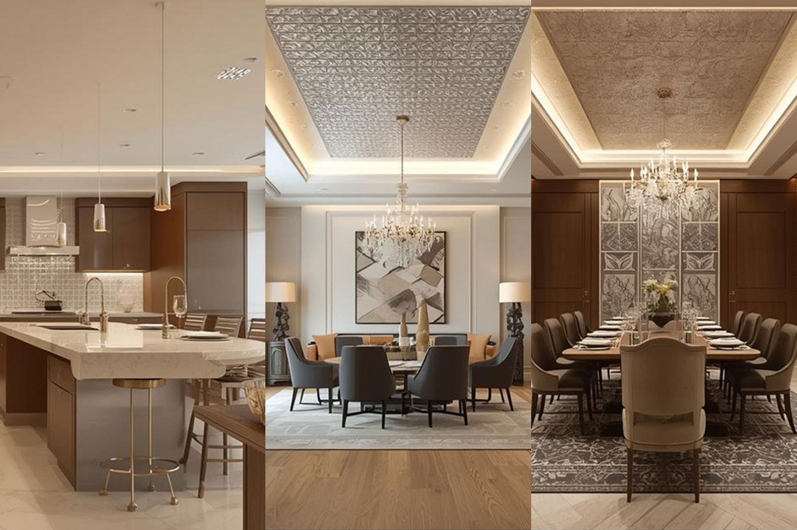 A three-panel interior design collage featuring a modern kitchen with a marble island, an elegant living room with a tray ceiling, and a formal dining room with wood paneling.