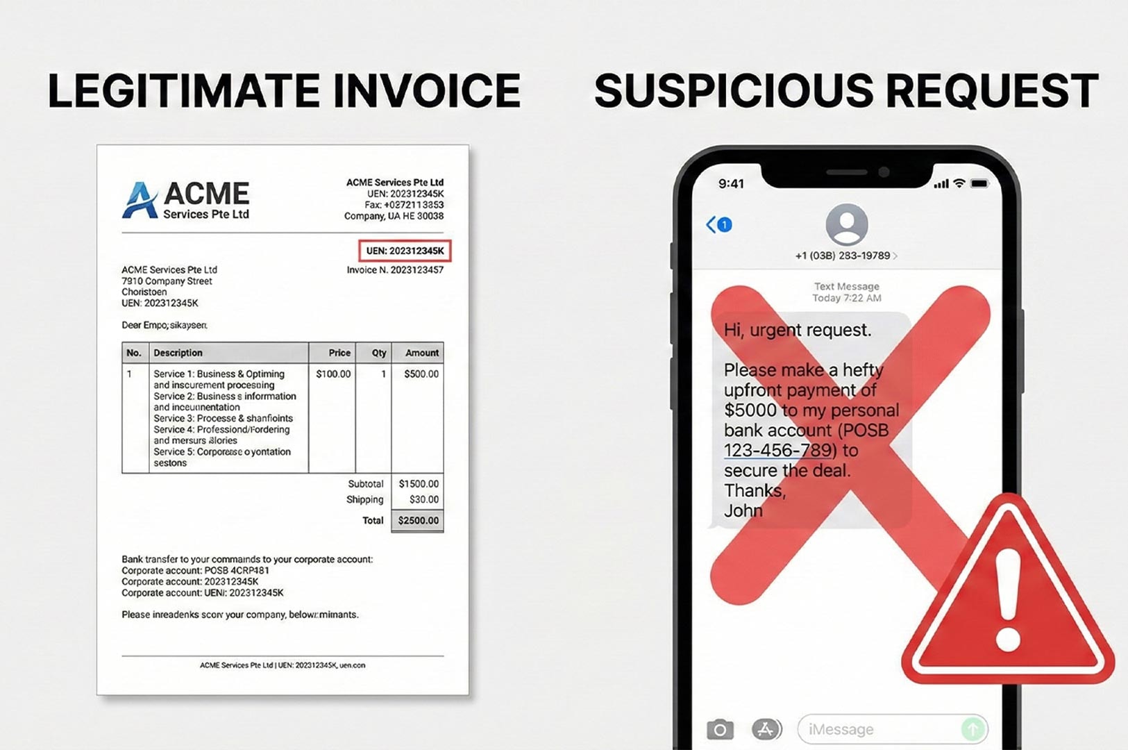 Infographic comparing a legitimate company invoice against a suspicious text message requesting a large upfront personal bank transfer, highlighting common renovation scams.