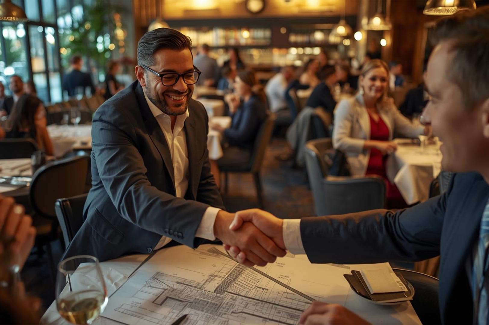 Two professional businessmen shaking hands over a table with architectural blueprints in a restaurant, signifying the successful closing of a deal or partnership.