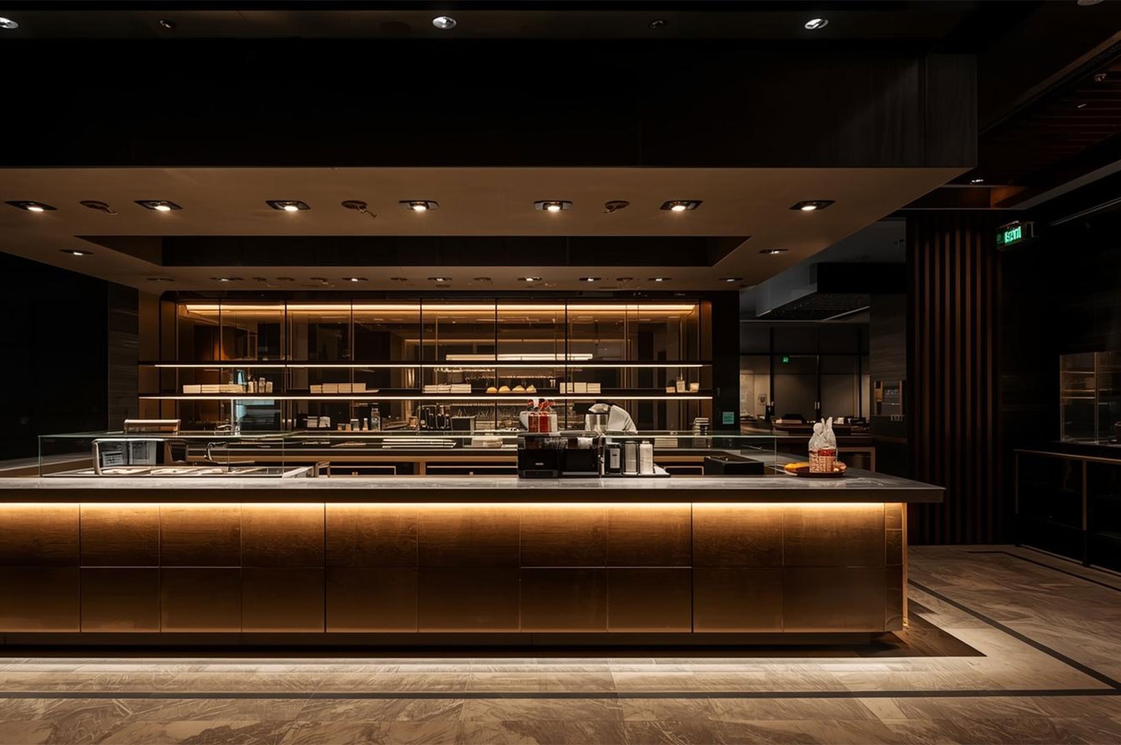 Wide view of a sleek, high-end restaurant interior featuring a long bronze-finish buffet counter, open kitchen shelving, and dramatic ambient lighting.