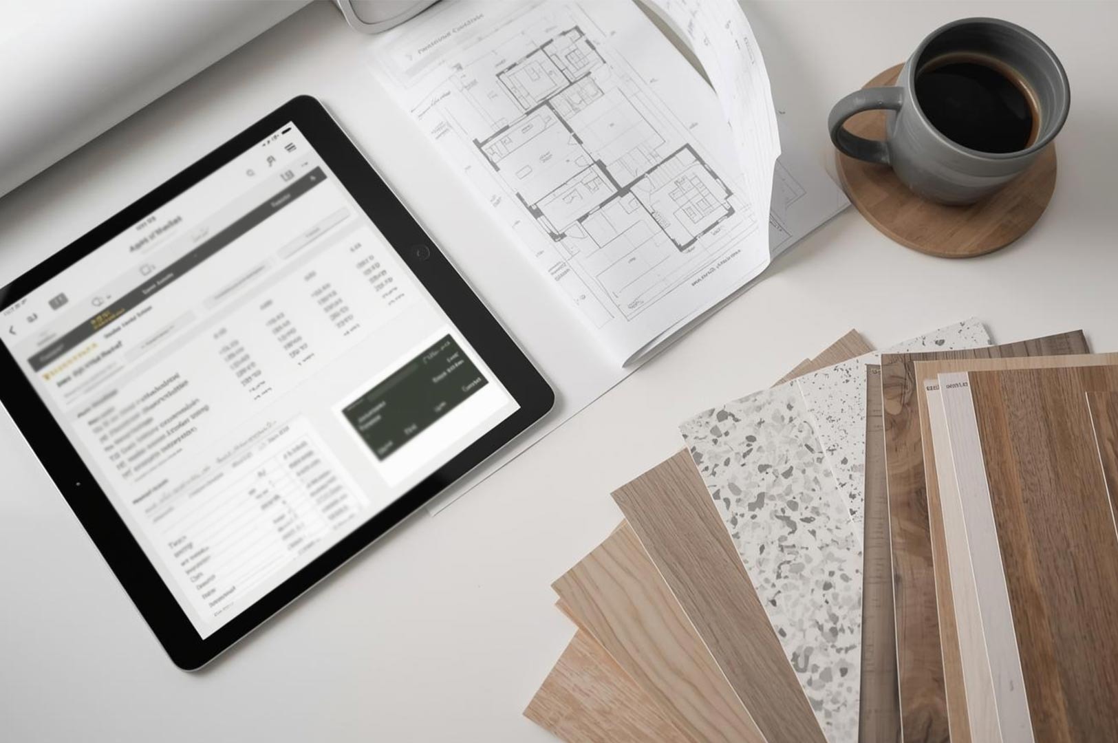 Interior design project management workspace featuring a tablet displaying a budget spreadsheet, architectural floor plan sketches, and various wood and terrazzo material samples.