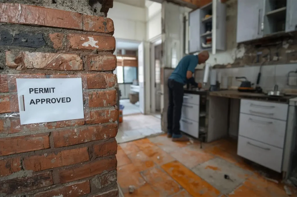 A sign reading "Permit Approved" is taped to an exposed brick wall. A person works in a partially renovated kitchen, indicating a construction project.
