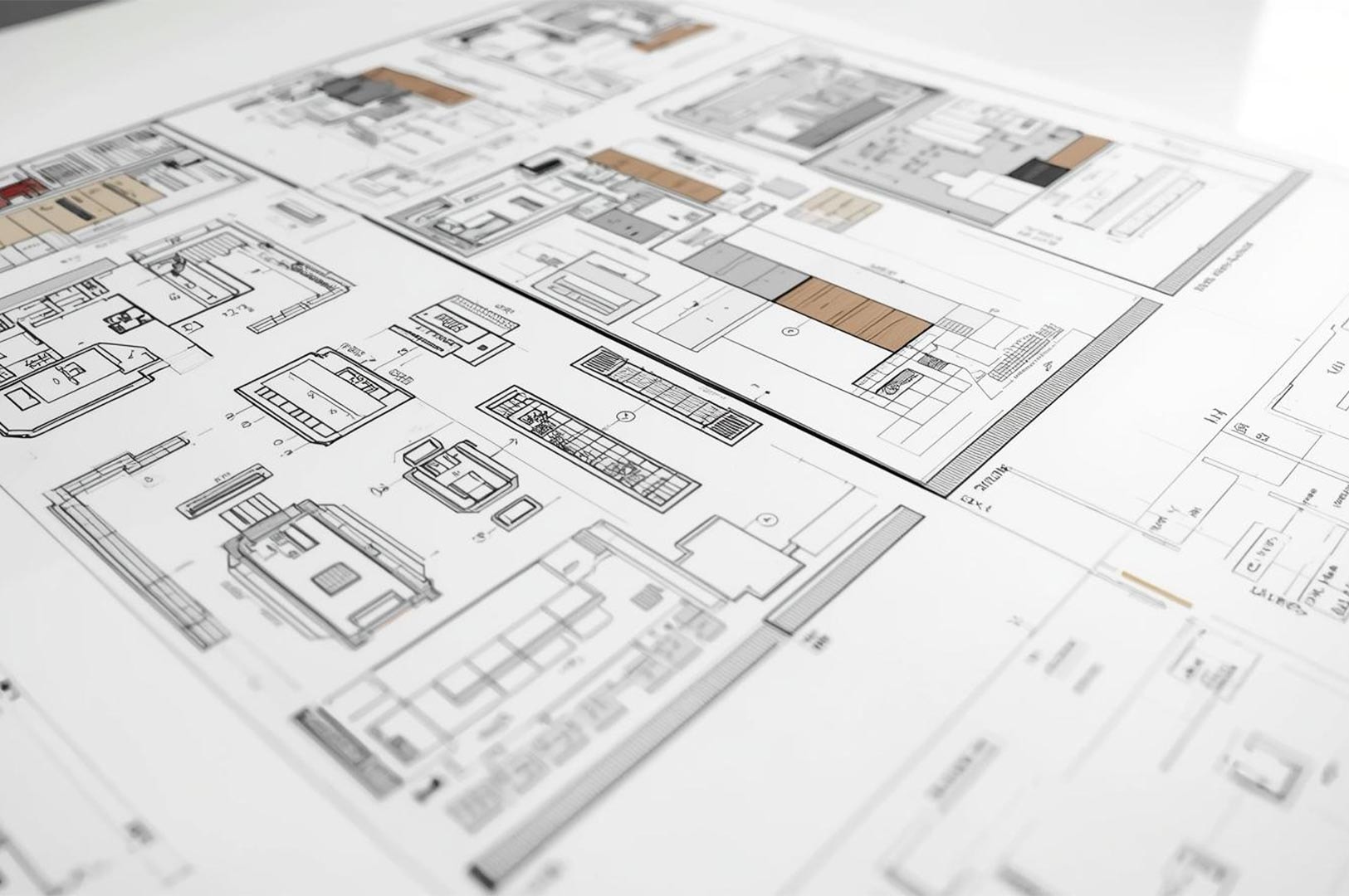Detailed architectural blueprints and technical drawings laid out on a white surface, displaying the spatial layout, furniture arrangement, and room divisions for a commercial project.
