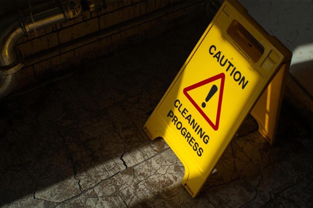 A yellow "Caution: Cleaning Progress" safety sign standing on a dusty floor during a post-construction cleanup.