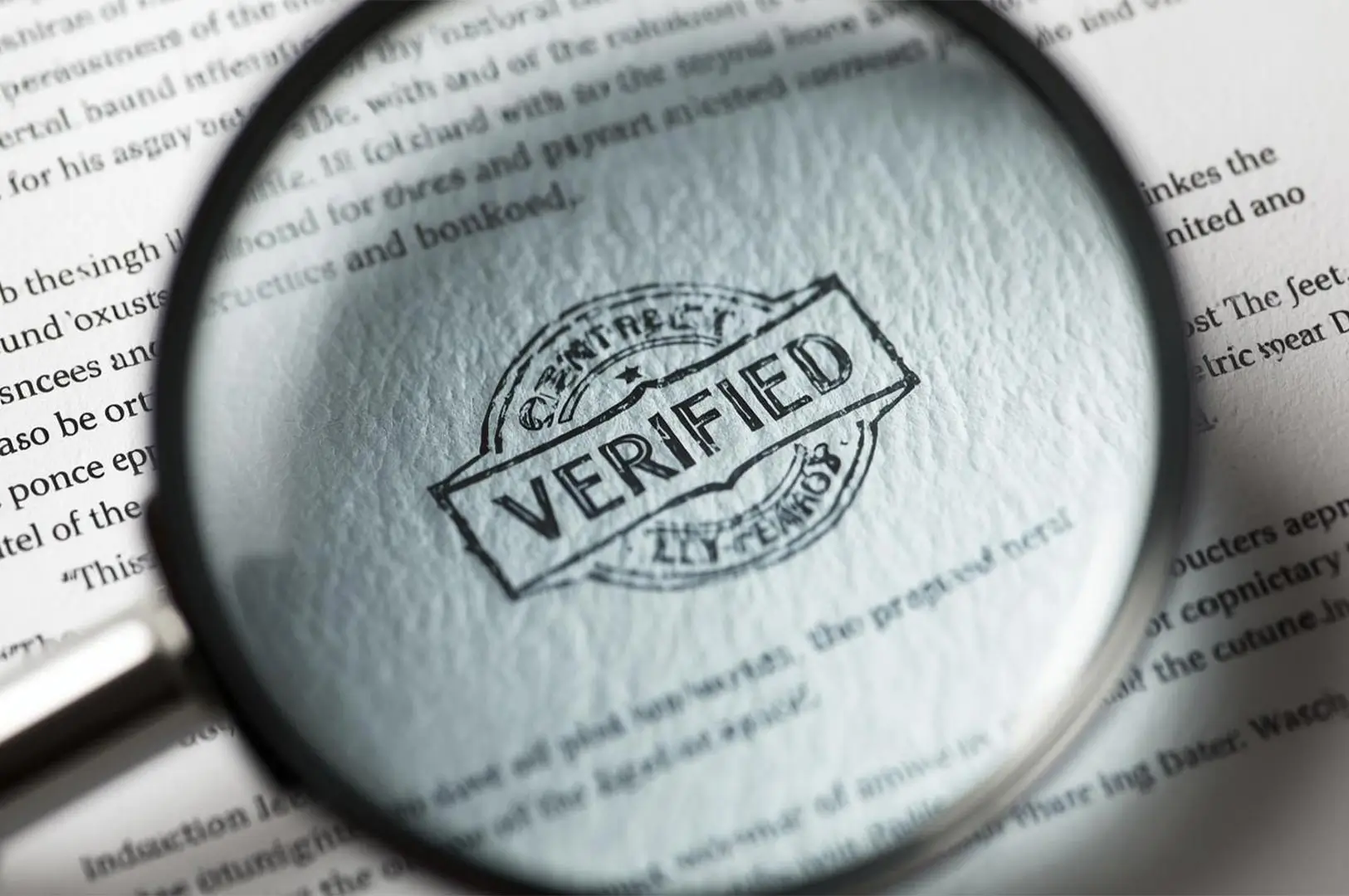 A close-up view through a magnifying glass focused on a document stamped with a "VERIFIED" seal, symbolizing a successful audit or background check.